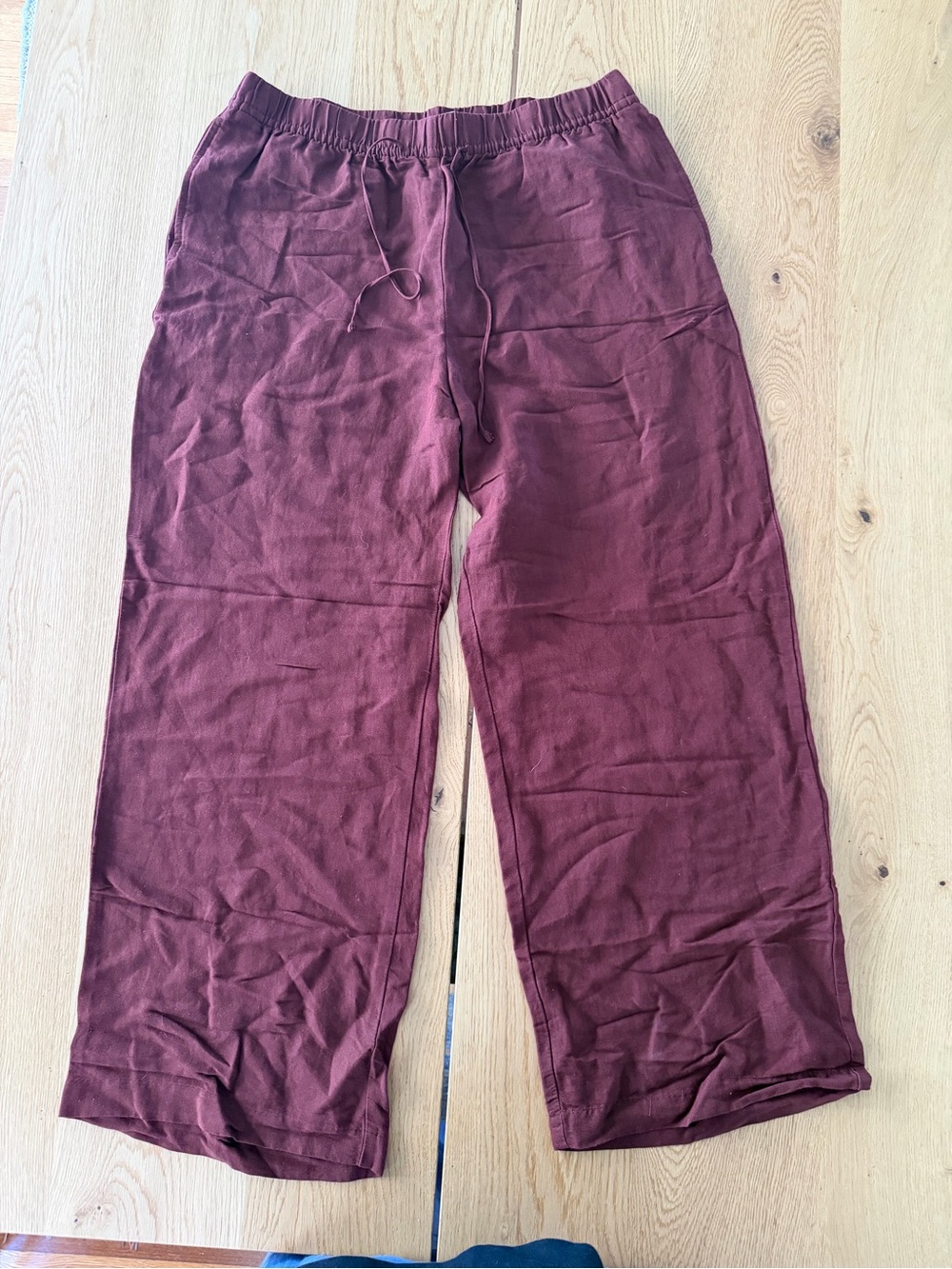 Wide Leg Linen Blend Drawstring Pants in Deep Burgundy